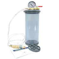 Clear vacuum chamber specifically designed and engineered for stabilizing from the ground up. The smaller chamber size is 4" inside diameter x 10" in length. The larger container is 16” in height. Includes everything you need to connect to your vacuum pump and will be up and running right out of the box.