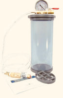 Clear vacuum chamber specifically designed and engineered for stabilizing from the ground up. The smaller chamber size is 4" inside diameter x 10" in length. The larger container is 16” in height. Includes everything you need to connect to your vacuum pump and will be up and running right out of the box.