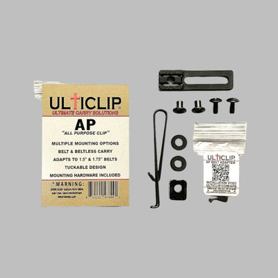 The AP Clip (All Purpose Clip) provides various mounting options for sheaths, and other gear. Package with contents shown. 