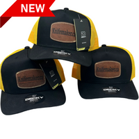 Three yellow and black trucker hats with Knifemaker.ca.
