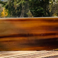 Honey-colored Zebu Ox Horn knife handle scales have warm and inviting tones reminiscent of golden amber, these handles infuse a rustic look into any knife handle. Shows a scale with outdoor background.