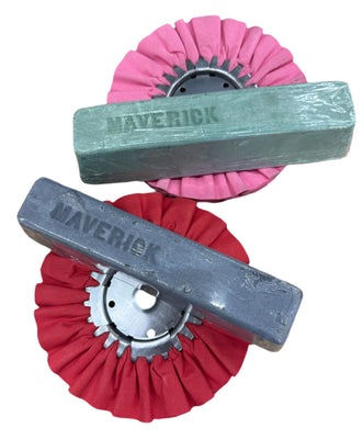 Shows 1 Red Airways buff with 1 Black Magic Compound and 1 Pink Airways buff with 1 Green Compound. This package will remove minor blade scratches and then shine it up nicely.