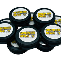 Round flat container with a cartoon black and yellow wasp on top. This wax can be used on wood, steel, epoxy, plastic, and leather.