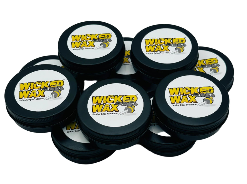 Round flat container with a cartoon black and yellow wasp on top. This wax can be used on wood, steel, epoxy, plastic, and leather.