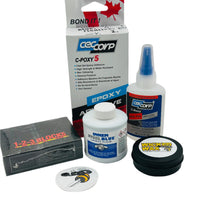 Essentials Kit contains one of: Blue Dykem, Wicked Wax, Set of 123 blocks, C-Bond Extra thin (120ml) and C-Poxy 5 (250ml). Things a Knifemaker needs in the Shop. 