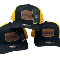 Three yellow and black trucker hats with Knifemaker.ca.