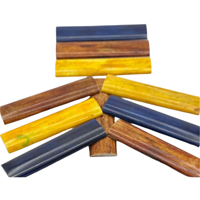 Dyed and stabilized camel bone is easy to work with and looks great on knife handles. These bone scales are 100% solid and smooth. A fan of scales in yellow, blue and brown. 
