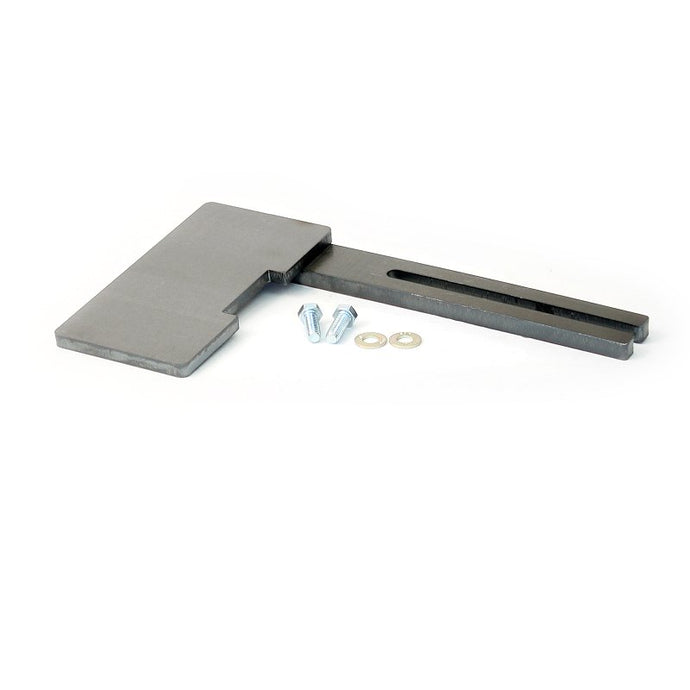 Image of a flat piece of metal attached to a long slotted metal arm for a knife making grinder. 