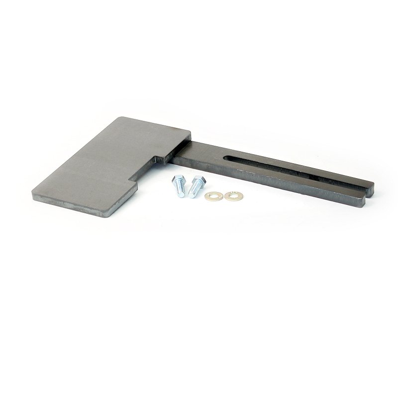 Image of a flat piece of metal attached to a long slotted metal arm for a knife making grinder. 