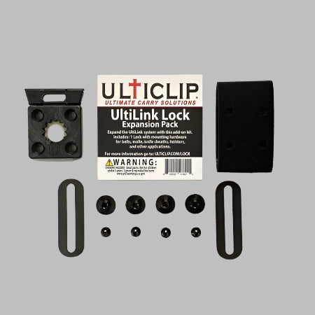 Expand the UltiLink system with this add-on kit. Includes: 1 Lock with mounting hardware for belts, molle, knife sheaths, and other applications.