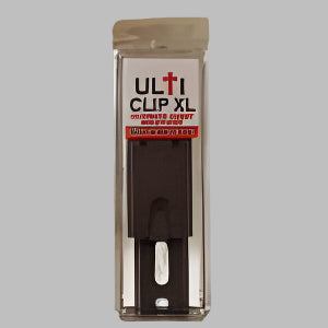 Ulticlip XL is the world’s first multi-tool holster clip and locking steel belt loop.  Shows package with UltiClip XL and screws. 