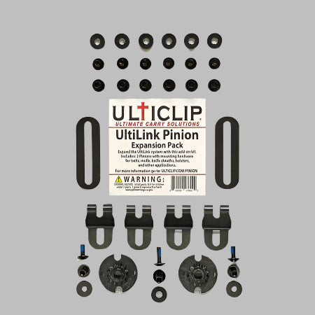 Expand the UltiLink system with this add-on kit. Includes: Two pinions with mounting hardware for belts, molle, knife sheaths, and other applications.