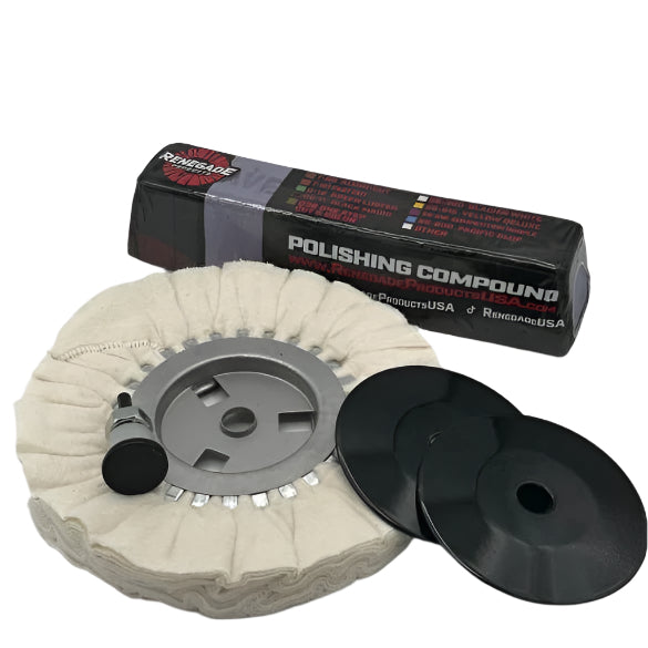 Soft White Flannel Wheel, a Purple Mirror Maker Compound, an Arbor, and two Safety Flanges. Take the final finish to the next level.