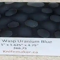 Raffir Wasp Blue Uranium, knife handle material, is a special effect color option. It has similar physical properties to the other Noble mesh products. It has a luminous color effect. At first it has a blue to black colour in normal daylight. The glow effect reveals itself in darkness, where it lights up the metal inside it in beautiful patterns. Showing a block. 