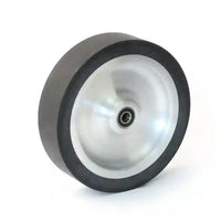 Image is of a KMG polished steel contact with a rubber exterior for a knife making grinder.