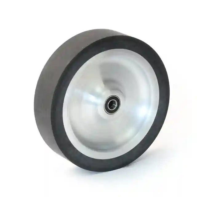 Image is of a KMG polished steel contact with a rubber exterior for a knife making grinder.