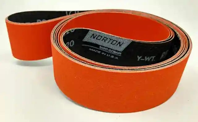 Norton Blaze is highest grade of ceramic belts 2”X72”. Greater productivity; low grinding costs. Come in 36, 60 &120 grits.