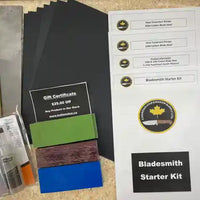 Shows all supplies to make two chef or hunting knives. Including glue, steel, pins, handle materials, instructions, product information.