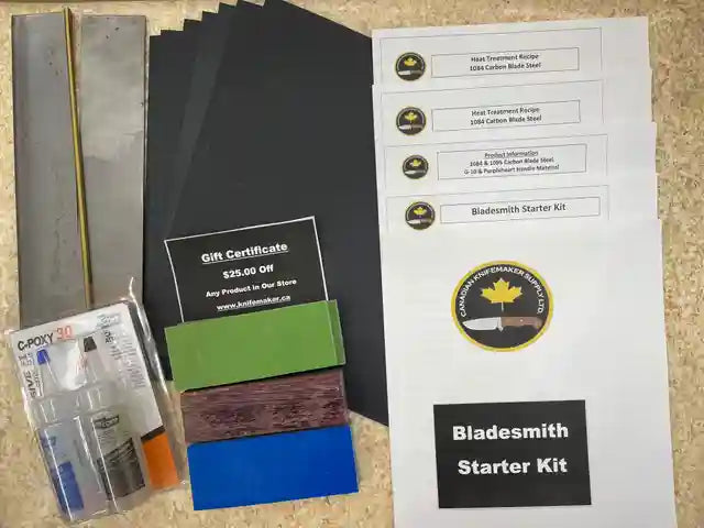 Shows all supplies to make two chef or hunting knives. Including glue, steel, pins, handle materials, instructions, product information.