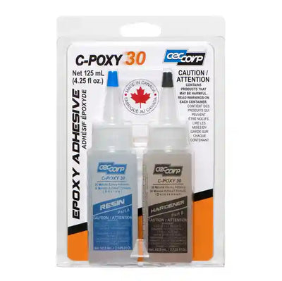 C-POXY 30 is a general-purpose epoxy adhesive that bonds in 30 minutes. It comes in a package with two bottles.  