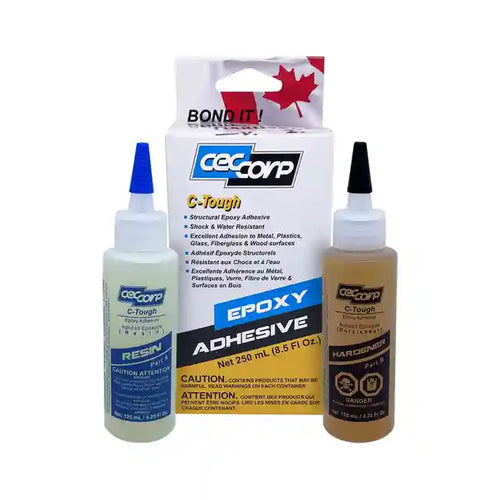 C-Tough is a high performance, extremely tough two-part structural epoxy adhesive. Works on wood, metal, plastics, glass, masonry, and fiberglass. There are two containers in a box with instructions. 