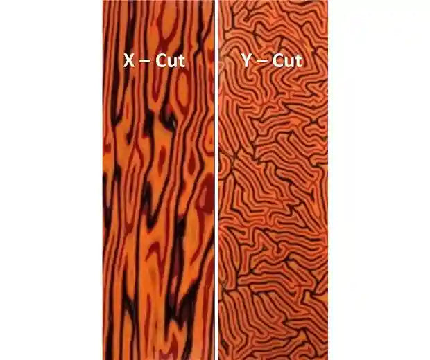 CrazyFiber is a beautiful and unique composite knife handle material for knifemakers. Fireball is red, orange and black streaks.