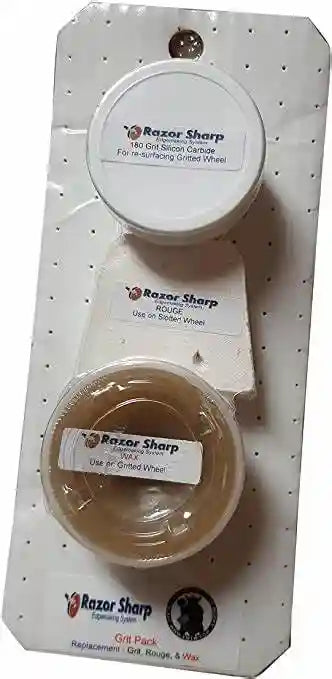 This Pack includes a rouge bar and two containers. One container has 180 grit silicon carbide, and the other has wax.
