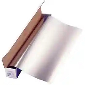 Roll of silver foil wrap. Stainless foil wrap is a high-quality foil used to wrap knives for heat treatment.