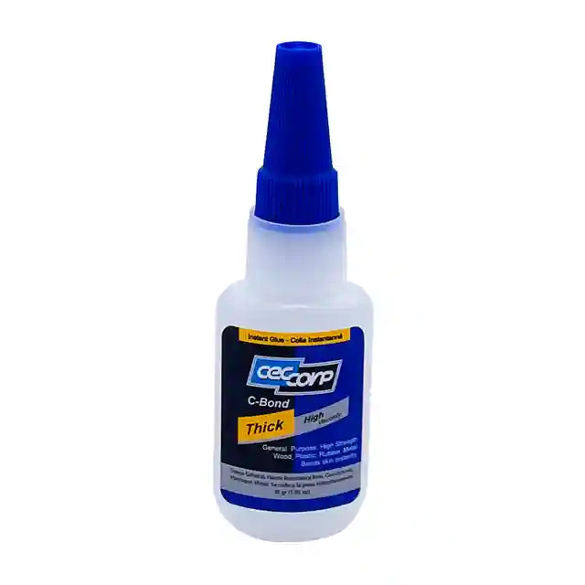 C-Bond Thick is a low viscosity general-purpose instant glue with a 15-30 second cure time. It bonds rubber, plastics, metal, and wood. Comes in one bottle with anti-clog top. 