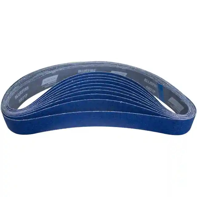 Blue belts. Zirconia Belt Starter Pack - 6 belts with 2 of each 36, 60, 120 Grit. Belts work great on steel for knife making.