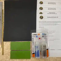 Shows all supplies to make a chef or hunting knife. Including glue, steel, pin, handle material, instructions, product information.