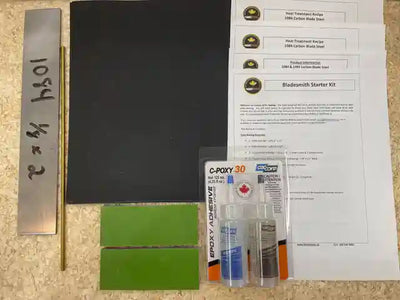 Shows all supplies to make a chef or hunting knife. Including glue, steel, pin, handle material, instructions, product information.
