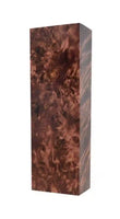 
              Raffir Popular Burl Wood maintains the unique grain patterns of the untreated wood makes beautiful knife handles. Shows a brown block. 
            