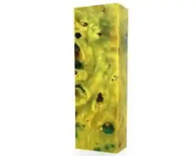 Raffir Popular Burl Wood maintains the unique grain patterns of the untreated wood makes beautiful knife handles. Shows a block of lime green. 