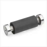 Image of two silver wheels attached to a steel rod covered in rubber for knife making grinder.