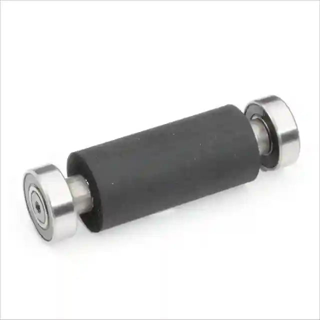 Image of two silver wheels attached to a steel rod covered in rubber for knife making grinder.