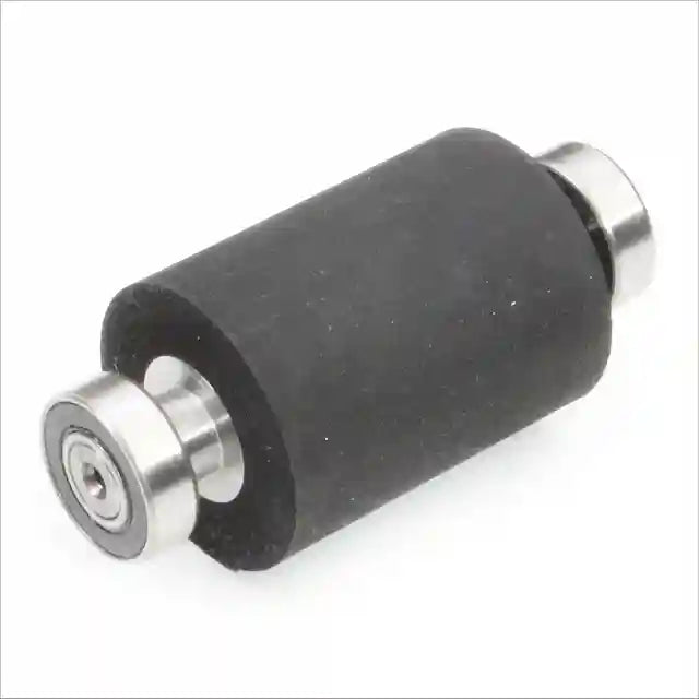 Image of two silver wheels attached to a steel rod covered in rubber for knife making grinder.
