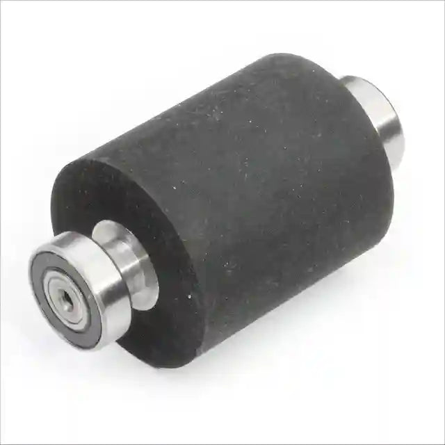 Image of two silver wheels attached to a steel rod covered in rubber for knife making grinder.