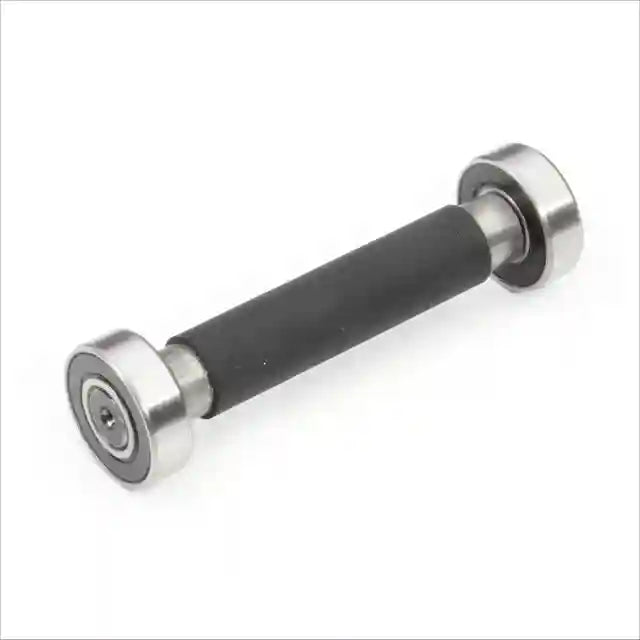 Image of two silver wheels attached to a steel rod covered in rubber for knife making grinder. 