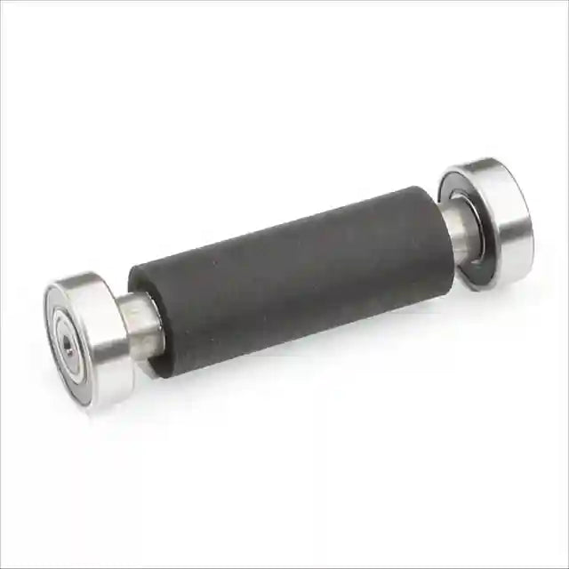 Image of two silver wheels attached to a steel rod covered in rubber for knife making grinder.